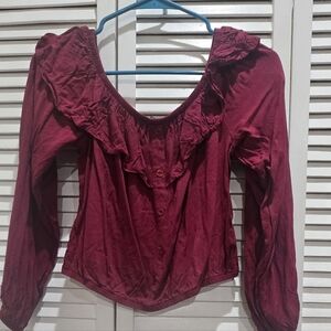 Fashion Nova Wine Ruffled Blouse with Long Sleeves. Wore Once Size L